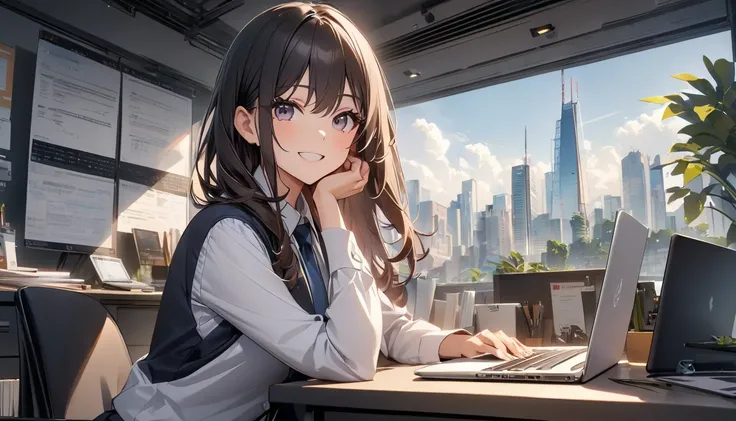  depicting an HR specialist working in a modern office 、 high-resolution and detailed composition 。One woman、Wear a smart suit 、 Im checking my resume on a slim laptop 。 The desk is modern and organized 、 has a wireless mouse nearby 。 The background has an...