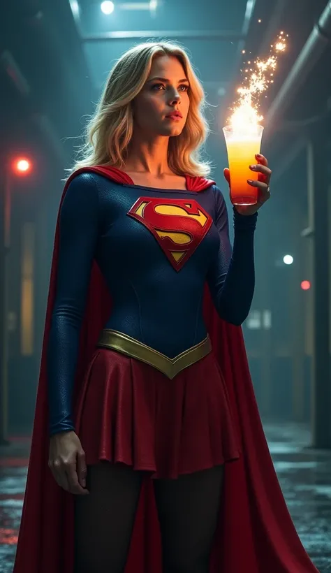 Give me an image of Supergirl with a liter of radioactive drink in her hand about to drink