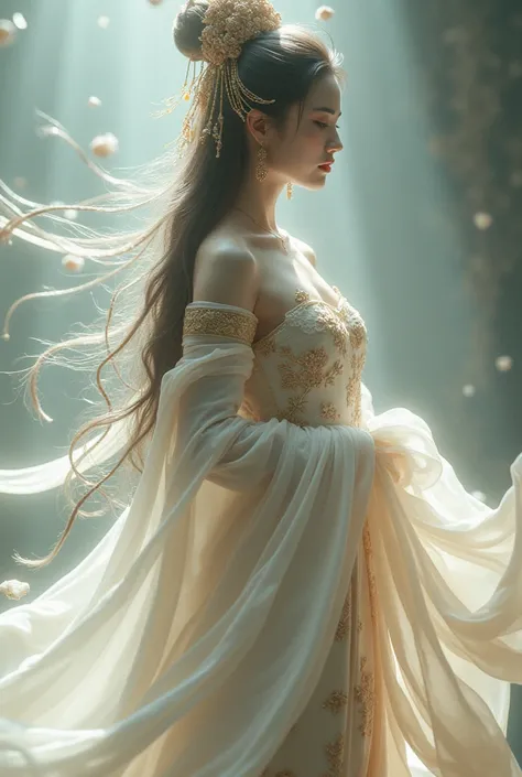 Oriental ，Asian Goddess， exquisite and luxurious dress，Vague，Fairy，Ribbons fly， long hair fluttering ，Soft Light， elegant headdress ， high quality ，Clean，Professional art 