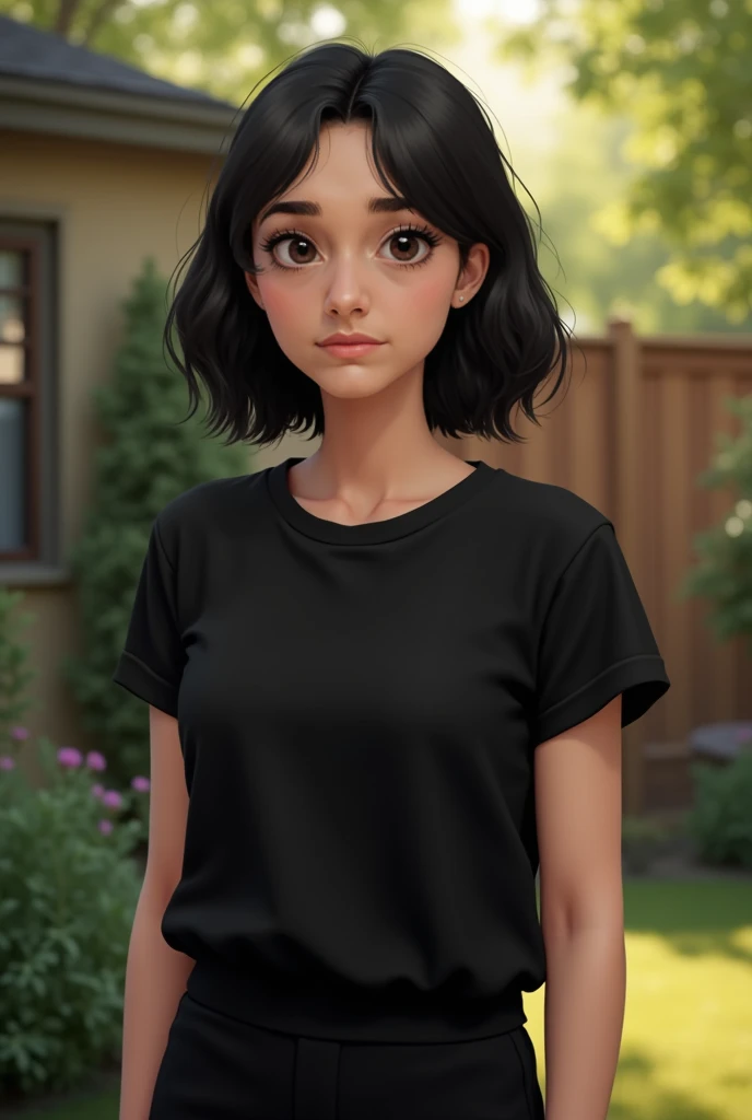 
Real human photo, Fika is a young woman with medium body, shoulder length  wavy  black hair and fair skin. She has well-defined eyebrows, large black eyes, and a neutral expression on her face. She is wearing a  plain black  t-shirt, black pant, standing ...