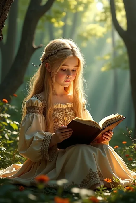 A blonde girl in a medieval dress says a book out loud and sits in the woods