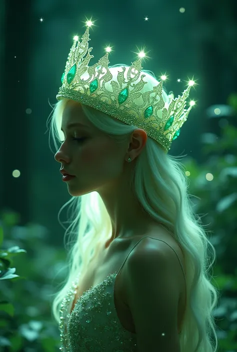 a green and white gem crown of a fairy, twinkle details, like a million stars on the starry night