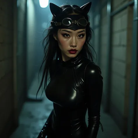 Femme asiatique en Cosplay de catwoman en latex