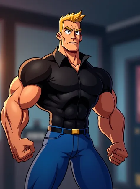 "uma detalhada, Hyper-realistic illustration of Johny Bravo with his traditional black shirt and blue pants in a bodybuilding gym, serious expression on his face in a dynamic pose, estilo Cartoon, Cartoon Network, bodybuilding gym scenario, Dramatic lighti...