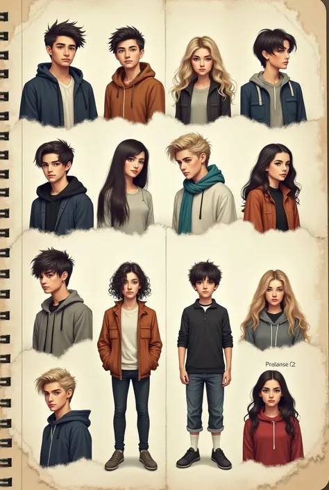 A slightly yellowish torn notebook sheet showing 9 very realistic full-body characters divided into 2 groups ,  one of 4 and the other of 5 
At the top of the sheet it says group 1 and is made up of :
Chris- 17 años y  measures 1 .76m,He is a man
Lu-17 año...