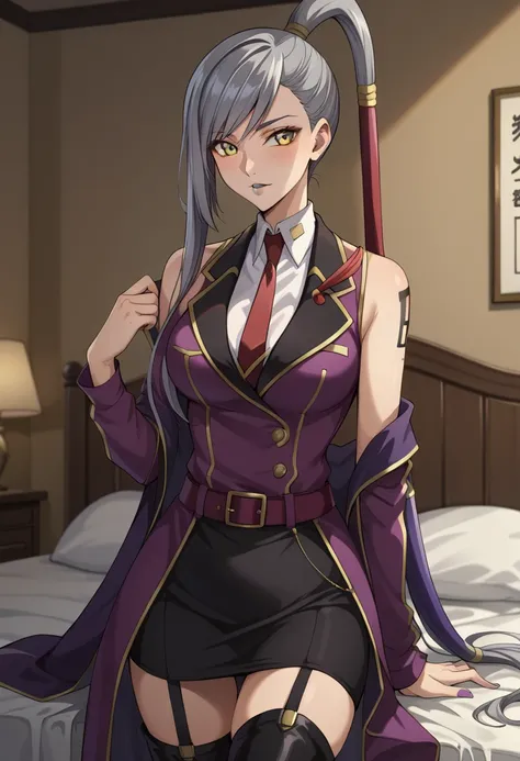 villetta_not、黒い肌の女性、 yellow eyes、Grey Hair、Long Hair、Purple lipstick、 ponytail、 thigh-high boots with menu、 collared shirt、 red tie、Elbow Handbags、 Pencil Skirts、Black Belt、 sleeveless、button、 white shirt、Purple Jacket、 standing、 is putting his hand on his...