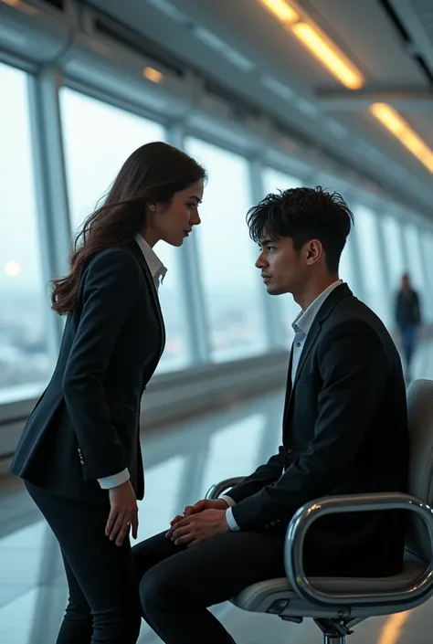 A beautiful woman in business attire ， bending down to speak with a male Chinese college student sitting on a chair， The boys hairstyle is black bangs，The background is an air port in space 