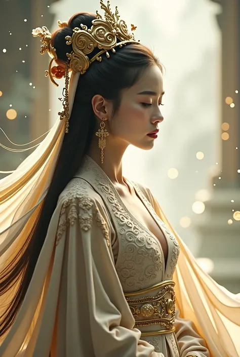 Oriental ，Asian Goddess， exquisite and luxurious dress，Vague，Fairy，Ribbons fly， long hair fluttering ，Soft Light， elegant headdress ， high quality ，Clean，Professional art 