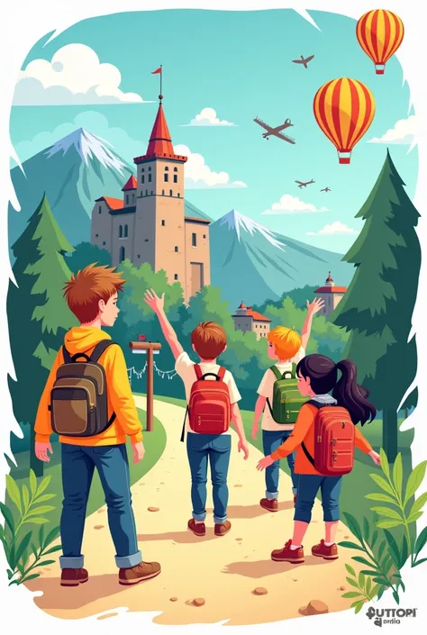 Une affiche de la marque huttopia qui promouvoit les voyages scolaires et linguistique pour ecoles ( colleges) . L’affiche doit etre en francais 