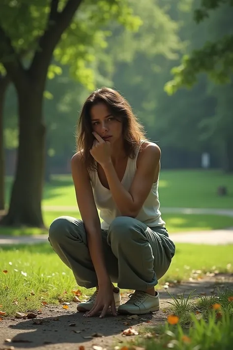 Woman squatting and pooping in the park