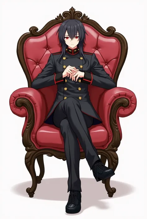  black hair、Character Style、 black military uniform、NCO、Red eyes、cute、Illustration、three-headed body、A black ring similar to an angels ring、Sitting in an expensive chair、Prince Wind、 your legs are crossed、male