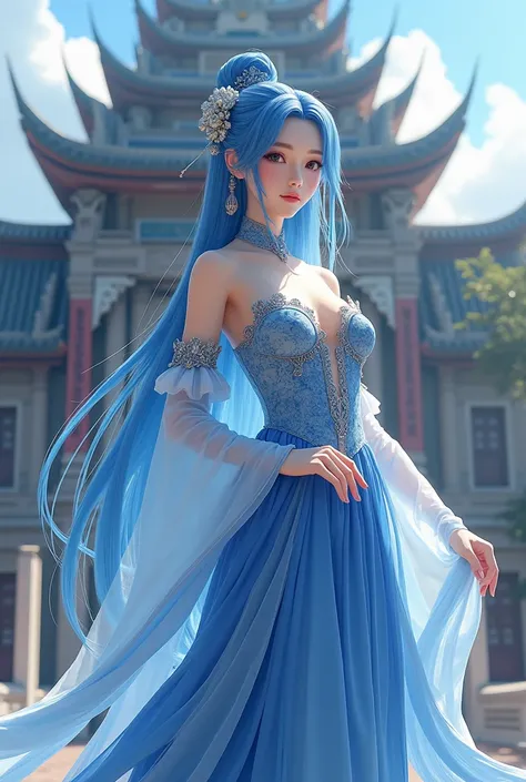 anime girl with long hair and blue dress in front of a building, concept art by Yang J, trending on cg society, fantasy art, a beautiful fantasy empress, 8k high quality detailed art, 2. 5 d cgi anime fantasy artwork, ((a beautiful fantasy empress)), detai...