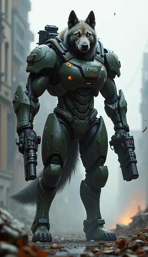 Futuristic dog soldier with heavyguns 