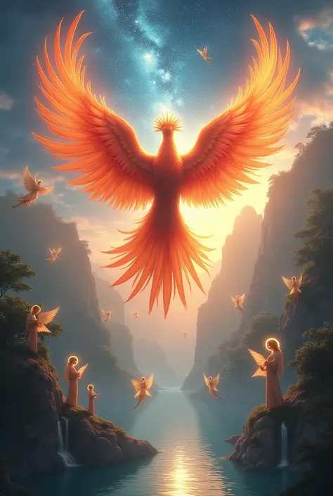 Phoenix céleste paysage paradis avec des anges et des etoule