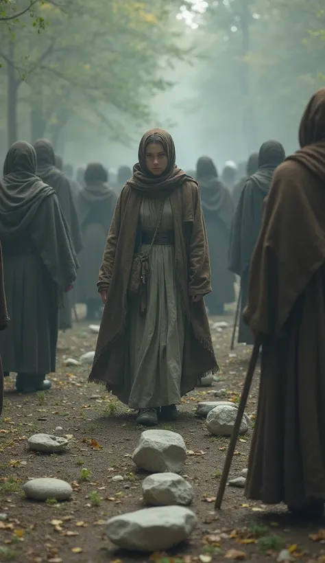  The accusers leaving their stones on the ground and leaving,  starting with the elders .  The woman continues at the center , Still scared ,  but starting to notice the change around her .  The ground is full of abandoned rocks 