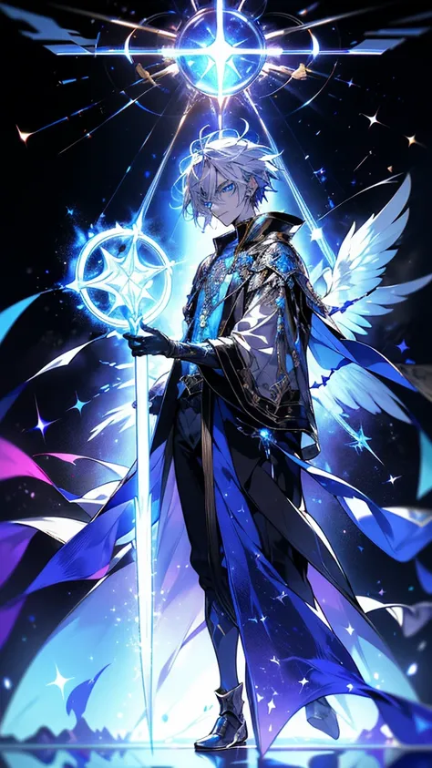 “A young dimensional traveler with short, tousled silver hair and glowing blue eyes, dressed in a futuristic yet worn-out cloak lined with intricate, glowing symbols. He holds a shimmering staff that pulses with dimensional energy. His appearance reflects ...