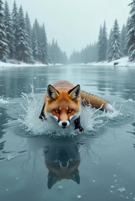 fox falling into the frozen lake, deeper
