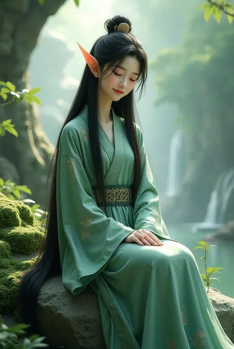 Cree moi un personnage feminin au cheveux long est noir , avec des oreilles delfe , est je veut quelle sois assise sur une pierre est quelle sois habiller dans la style traditionnelle chinois avec les couleur de jade , de plus jaimerais que la femme ds les...