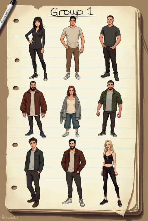 In the middle of A slightly yellowed torn notebook sheet, you can see only nine very realistic full-body characters divided into 2 groups. ,  one of 4 and the other of 5 
At the top of the sheet it says group 1 and is made up of :
Chris- 17 años y  measure...