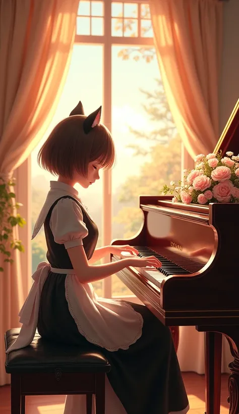 A asian teenagegirl sitting down, playing the piano, in an 8K masterpiece:1.2, ultra-detailed , cat head ears, short hair, (maid uniform), elegant and graceful posture, beautifully dressed, fingers skillfully dancing on the keys, delicate sound resonating ...