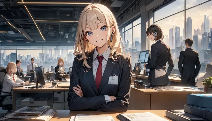  sales experts in the office Working scene 、 wearing a smart suit 、 in the background 、 meeting with customers with wireless earphones 、Sit at a modern desk、 operating a tablet to organize top quality materials 、 urban business district skyline in the back...