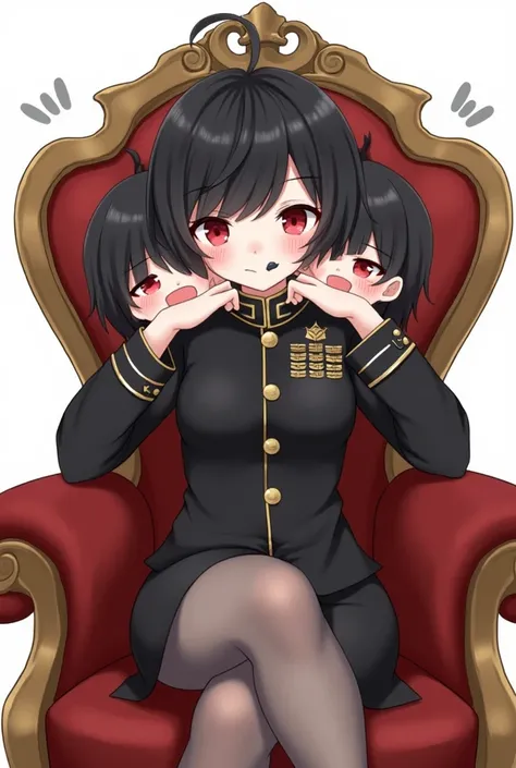  black hair、Character Style、 black military uniform、NCO、Red eyes、cute、Illustration、three-headed body、A black ring similar to an angels ring、 sitting on an expensive chair、Prince Wind、 your legs are crossed、Cheek resting on hand