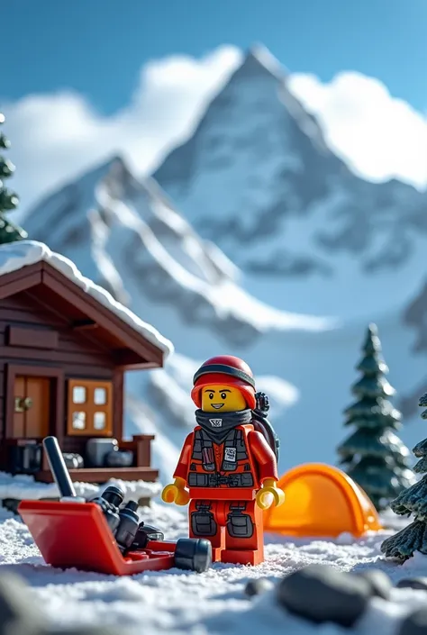 Un set lego du documentaire kaysen du youtubeur inoxtag avec la montagne Everest, avec inoxtag qui se prépare pour lascension, avec le chalet de début, les tentes dans les camps