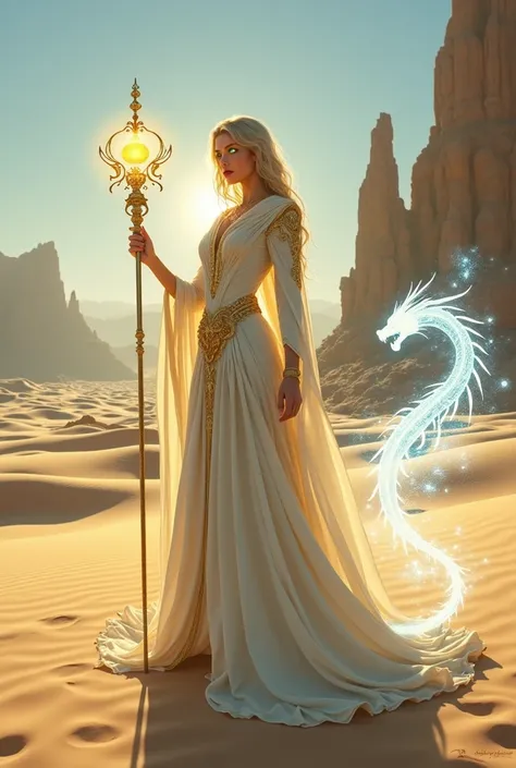 A female mystical figure with glowing eyes stands in a vast desert during golden hour, enveloped by rolling sand dunes. The scene captures an impressionistic aesthetic, with warm golden hues blending seamlessly into soft beige and light blue tones. The cha...