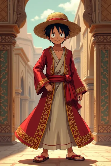 Luffy in Arabic culture with jubba and Arabic hat