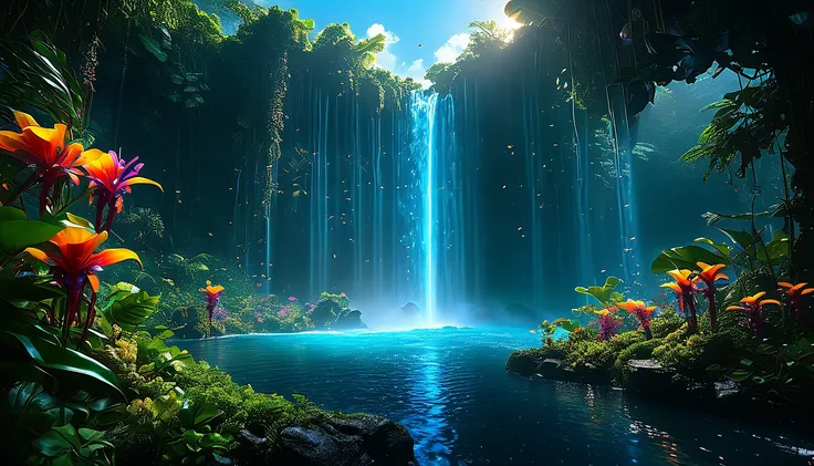 a surreal dreamlike fantasy landscape, lush tropical foliage, mystical floating islands, glowing bioluminescent flowers, crystal clear waterfalls, dramatic lighting, vivid colors, cinematic composition, (best quality,4k,8k,highres,masterpiece:1.2),ultra-de...