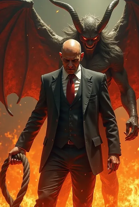  Bald teacher in suit burns himself in hellfire suffers torment, Satan next to him beats him with a whip 