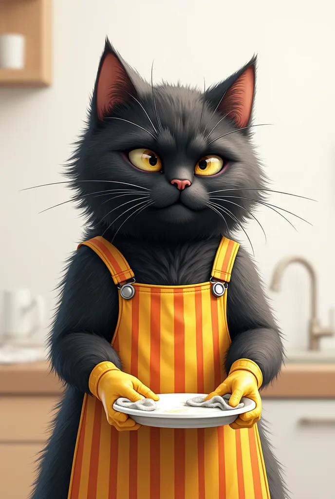 super realistic illustration, full body, a furry male black cat wearing a yellow and orange striped apron is holding a white dis...