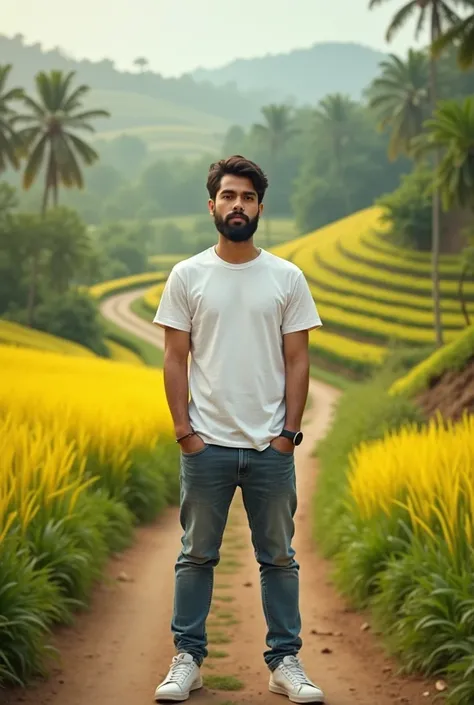 A 20-year-old Indian man is standing on a pitched road in a beautiful village with ripe paddy fields on both sides of the road, the boy is wearing a white t-shirt and jeans, wearing white shoes, the boy has a light beard. 