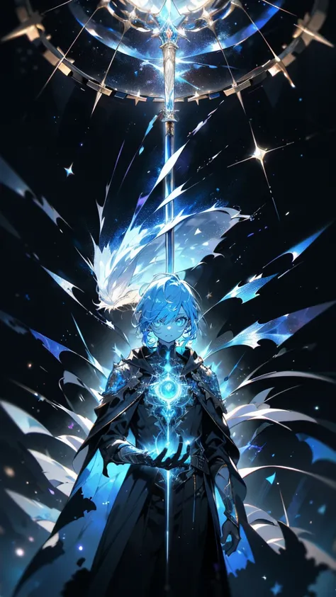 “A young dimensional traveler with short, tousled silver hair and glowing blue eyes, dressed in a futuristic yet worn-out cloak lined with intricate, glowing symbols. He holds a shimmering staff that pulses with dimensional energy. His appearance reflects ...