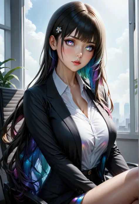 1maturegirl,mahiru shina, Long smooth straight black hair, inner dark iridescent hair, iridescent eyes,aesthetic curvy figure,sitting in office suit,masterpiece, super detail,detailed eyes, best quality, 8k,realistic