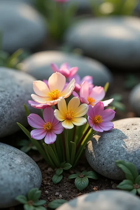 The small group of  flowers on the stones 