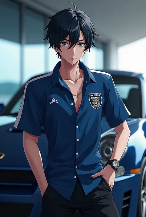 cosplay isagi yoichi, bastard munchen clothes, ((high quality)), ((masterpiece)), 8k, a man，26 years old，Handsome，Deep and charming face，Perfect body，golden ratio，bastardmunchen shirt，The neckline is open，black pants，wear a watch，Lean on the front of the s...