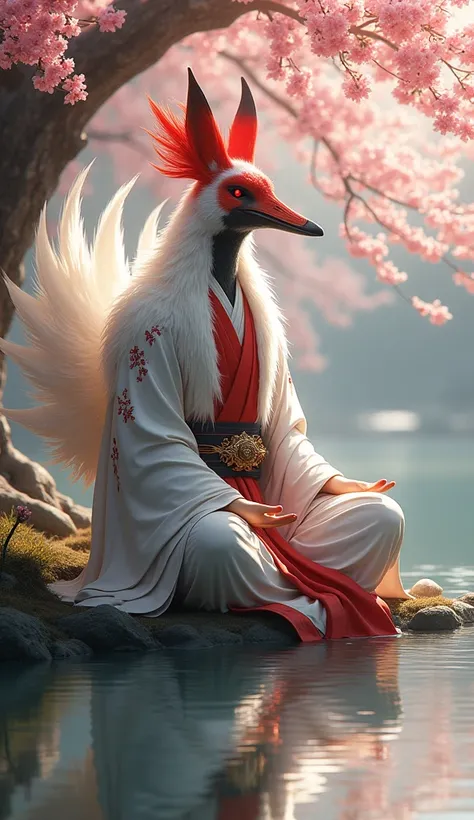 Illustrate a striking hybrid creature embodying the fusion of Japanese culture, a red-crowned crane, and a mystical nine-tailed fox. The creature has a humanoid form, draped in traditional Japanese monk robes adorned with crane feather patterns. Its face b...