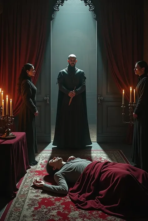 Macbeth being caught stabbing King Duncun in bed, while Lady Macbeth and Sir Macduff witnesses it at the door.