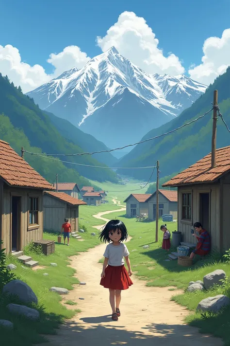 a girl walking along a road surrounded by mountains ,  small houses and ren working or sitting in a poor school.
