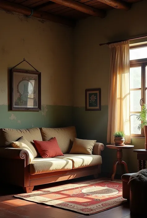 A cozy Bangladeshi village living room very little and old style sofa 