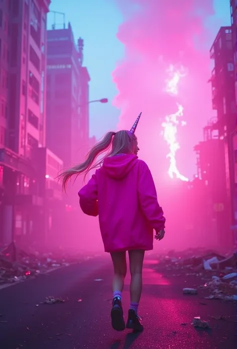 ((masterpiece)) ((photography)) ((Highest quality)) Wide angle, low angle shot of a young woman in a pink coat and short skirt, with a unicorn horn on her hoodie, running through a destroyed cityscape. The camera captures her from behind, focusing on her d...