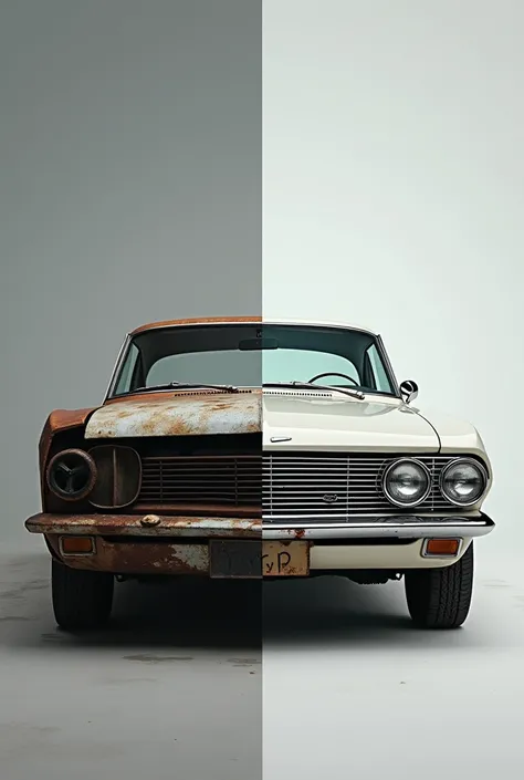 Before and After Split: A split image showing the destroyed car on one side and the fully restored car on the other. Bold text overlays: "From Ruins to Glory!"