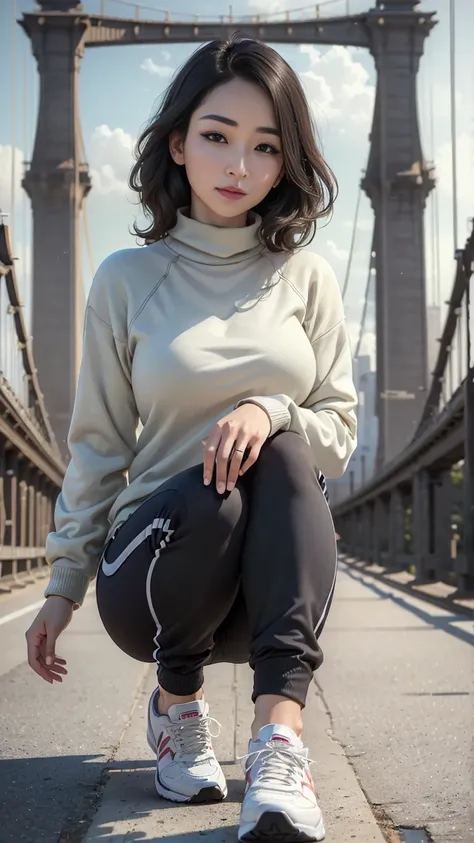 (best quality, masterpiece, photo realistic, very detailed, ultra high resolution, raw:1.3), 1 woman, korean, ), sweater , Jogger pants, jumper, (sneaker, beautiful bridge, whole body:1.2), main street, from below, Sportswear,