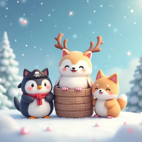 cute  little tiny fluffy animals, include cat, penguin, shiba, pirate, panda,baby white owl riding in the sky, cozy,, anime style, antlers, christmas theme, snowy, , anime style, dreamy, romantic, sparkling, unreal engine, 8k, hd