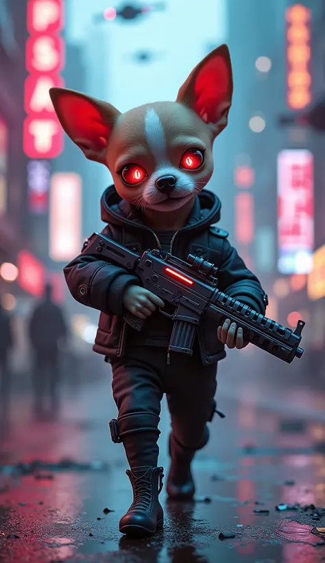 male chihuahua doll , Cyberpunk ,   walking with a futuristic machine gun . neon.   blurry cyberpunk style background 