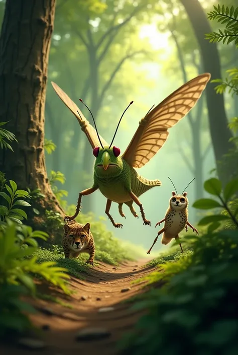 Grasshopper and owl tace to facing into forest  in which looking safrate cheetah and grasshopper each other