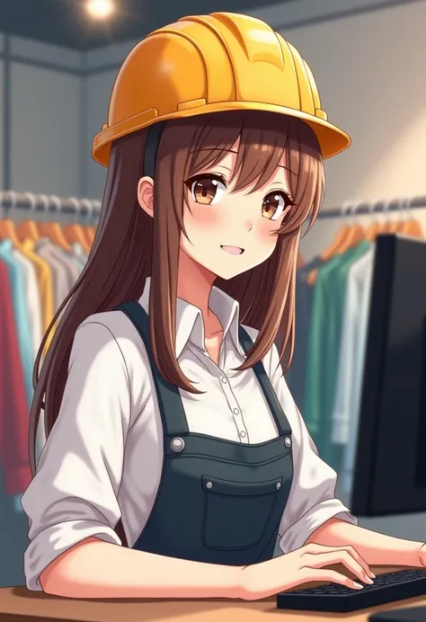 An illustration of an adorable young lady, Highlighting a woman with beautiful expressive eyes – The womans skin is white and the hair is straight, Medium size and brown. She wears a hard hat, . Illustrate this scene from a perspective where she is facing ...