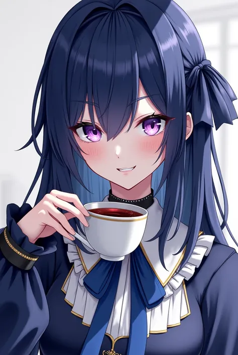  Lord Bernkastel、Mocking look、My hair is dark blue while drinking black tea、Purple Eye、 full of bangs、Long Hair、Gothloli appearance、Blue and white、Hair is straight、The ribbon is blue in the middle 、You dont have to tie your hair 、The collar is blue with a ...