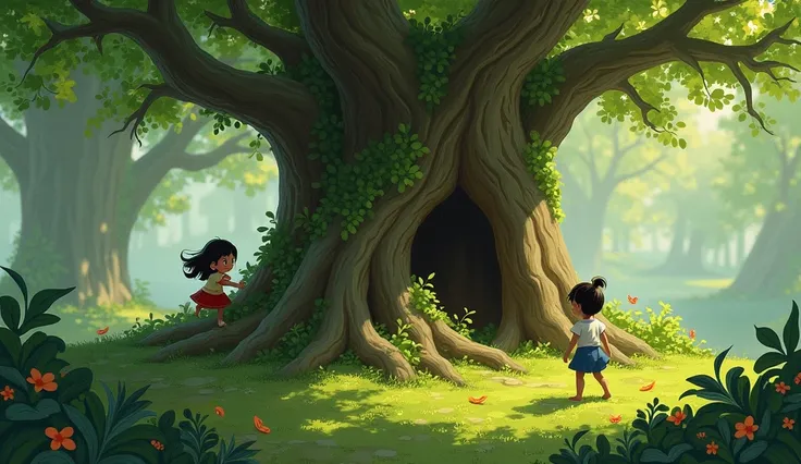 Mia and Pao explore the hidden grove, climbing the ancient tree and playing on the mossy ground. They are surrounded by the sweet scent of flowers and the dappled sunlight. The grove becomes their special place.
